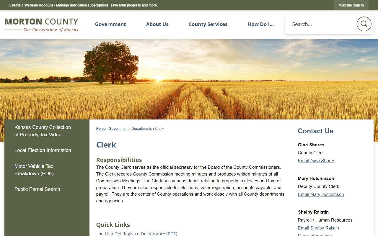 Morton County County Clerk page showing separate non-court records office