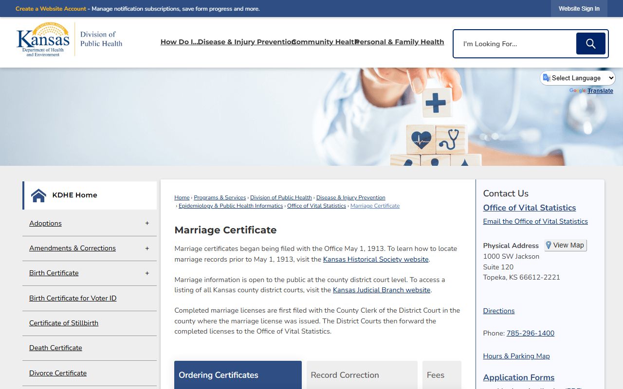 Morton County marriage and divorce records KDHE marriage certificate page