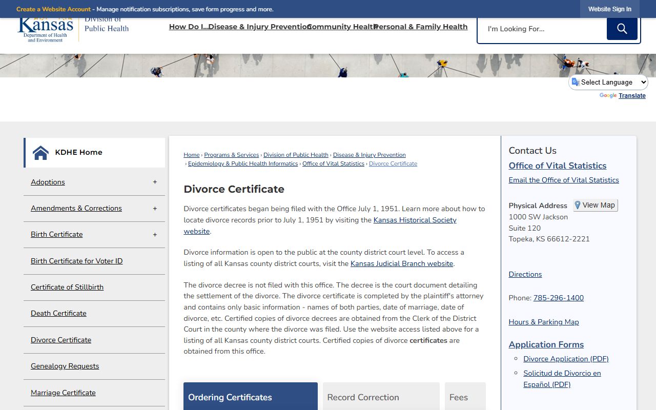 Morton County marriage and divorce records KDHE divorce certificate page