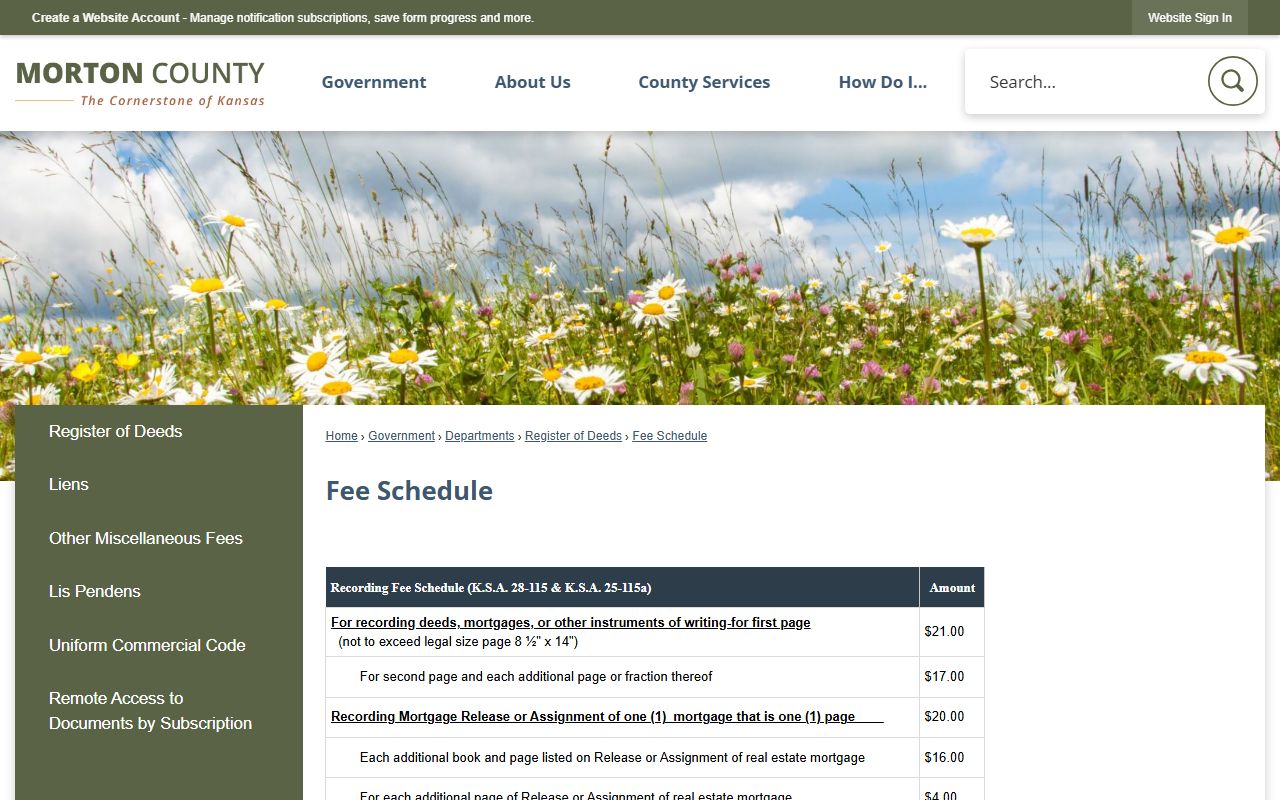 Morton County probate records Register of Deeds fee schedule
